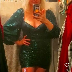 Amazing Dark Green Insanely Sparkly Sequin Formal Low Cut Party Dress Sz L 10/12